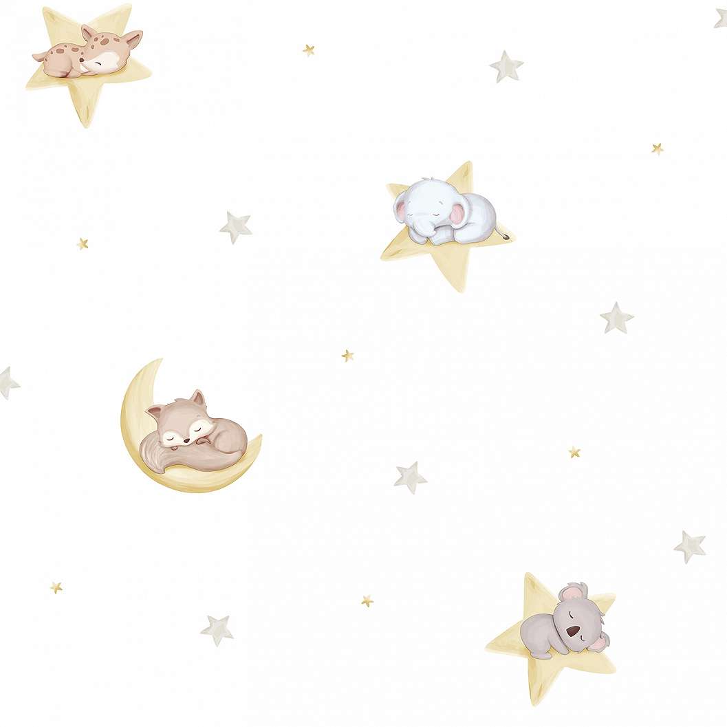 Csillag és alvó állatos mintás gyerek tapéta natúr színekkel