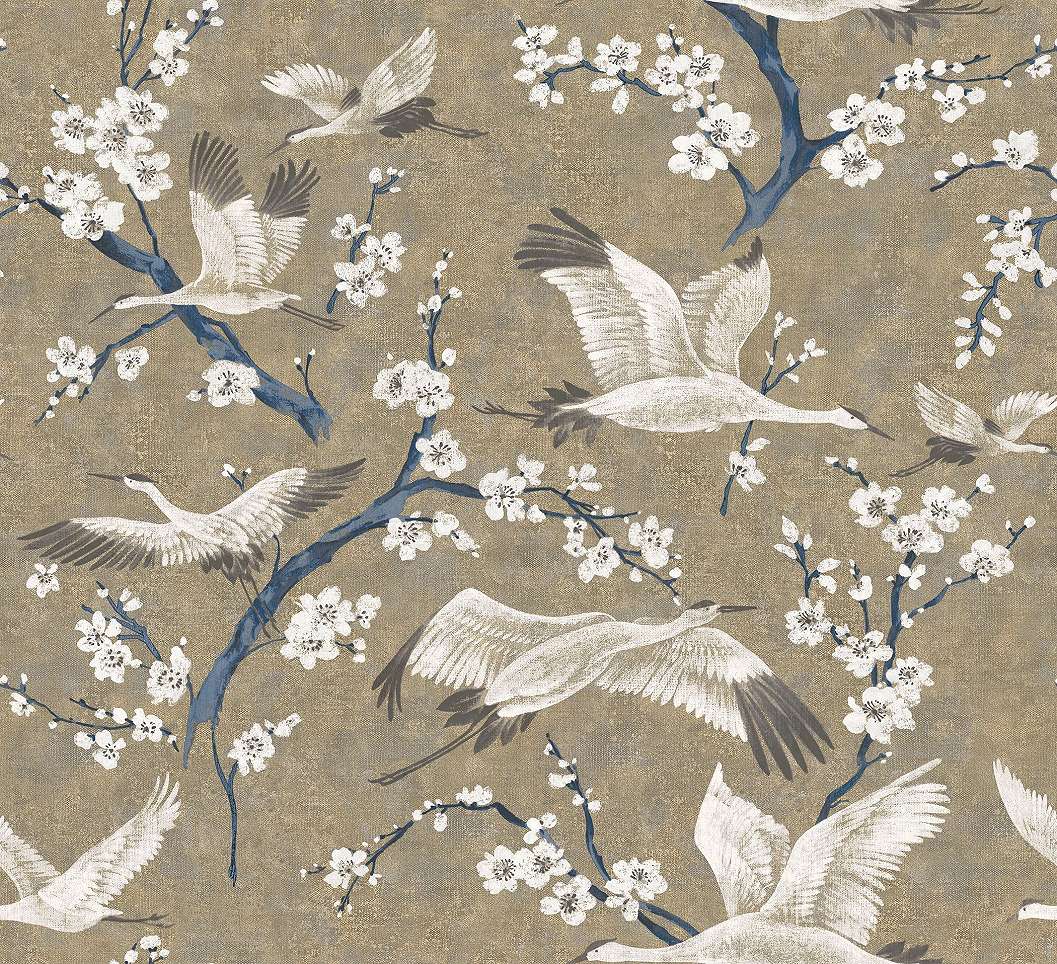 Darumadár és virágmintás design tapéta óarany textilhatású alapon