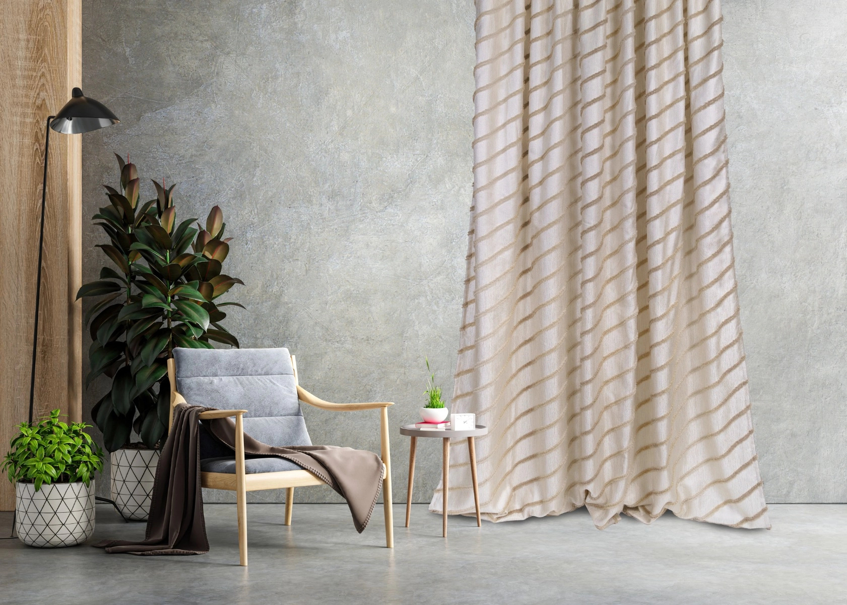 Dekor függöny anyag hullám mintával taupe színben