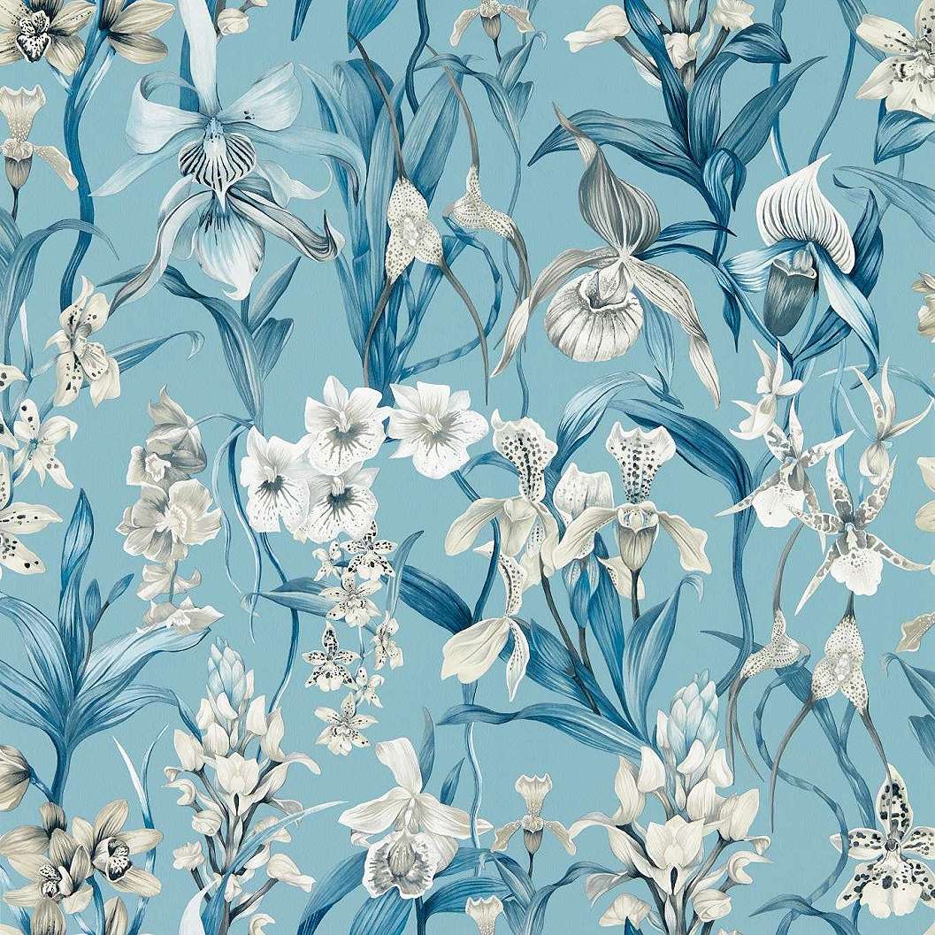 Dekor Harlequin luxus tapéta kék fehér kalina virág és levél mintával