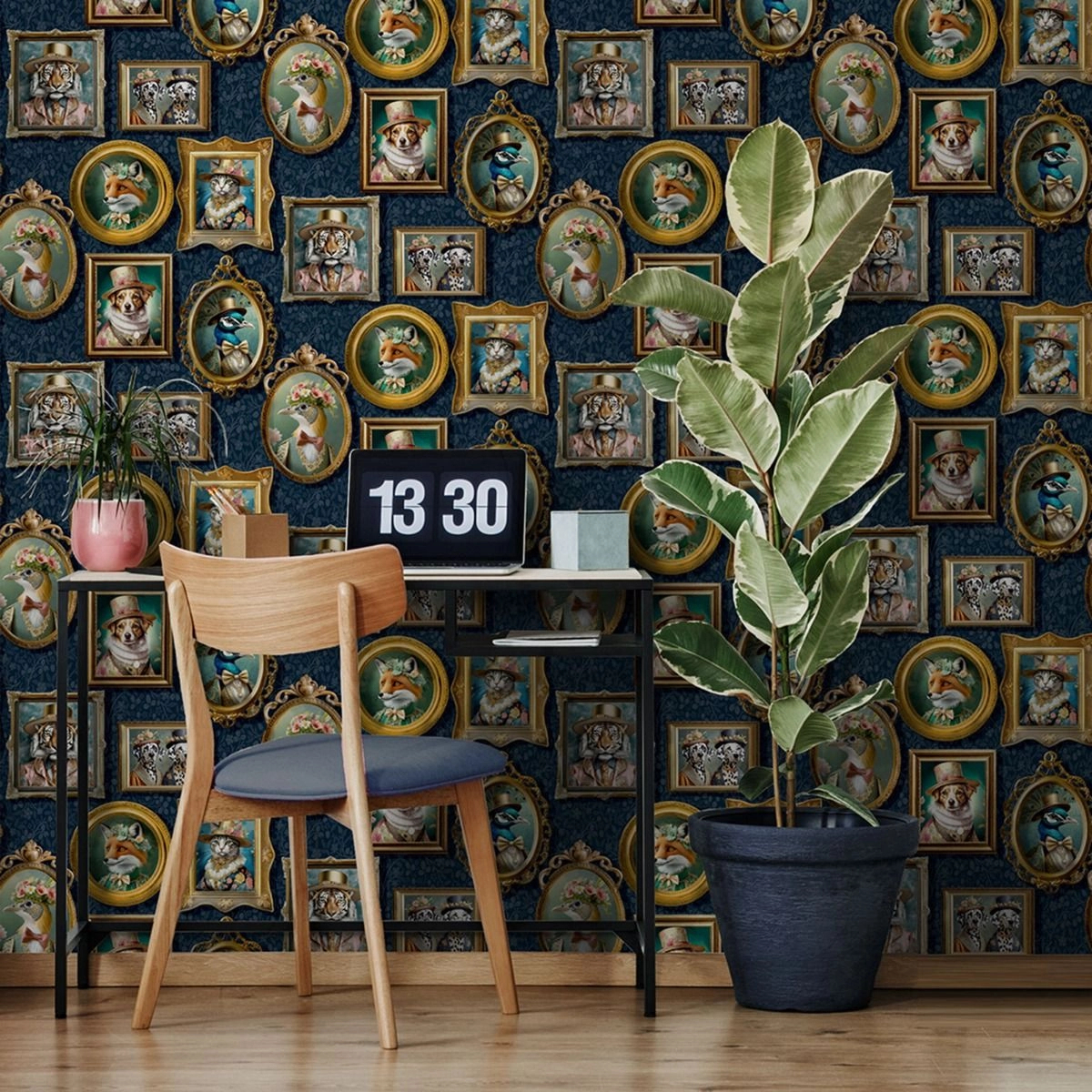 Dekor tapéta állatok kalapban mintás kék színben