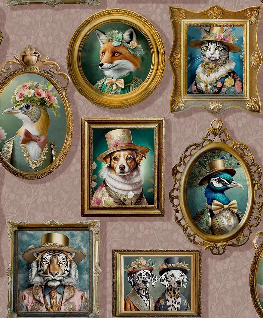 Dekor tapéta állatok kalapban mintás rózsaszín színben