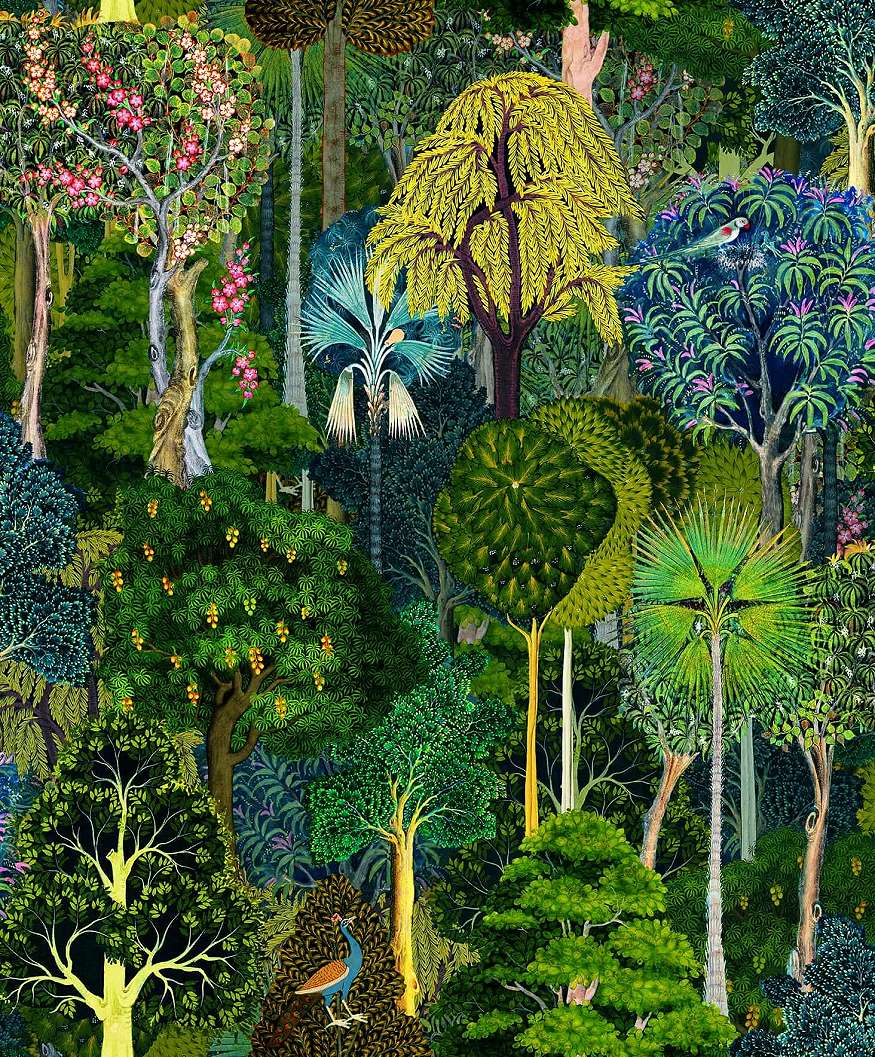 Dekor tapéta angol stílusú botanikus és madár mintával kék és zöld színekben