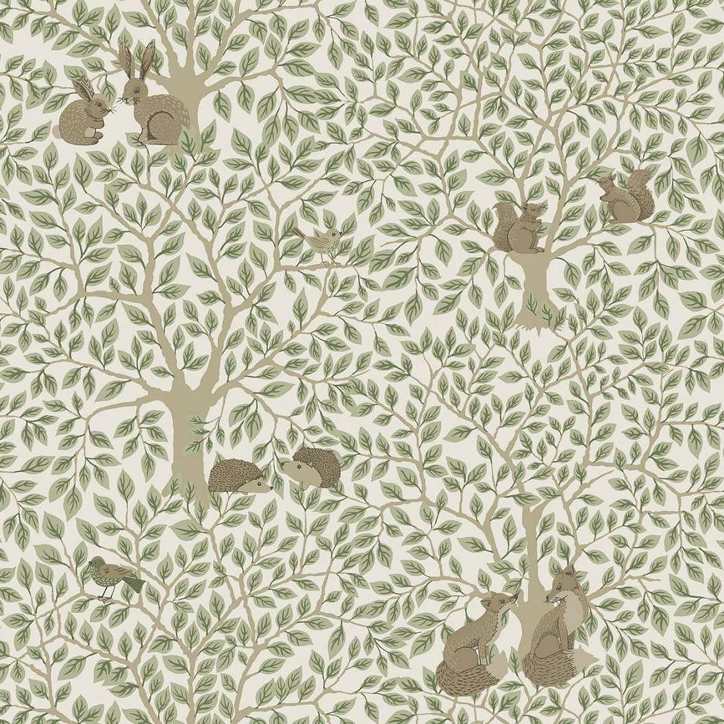 Dekor tapéta angol vintage stílusban apró levél és erdei állat mintával barna és zöld színben