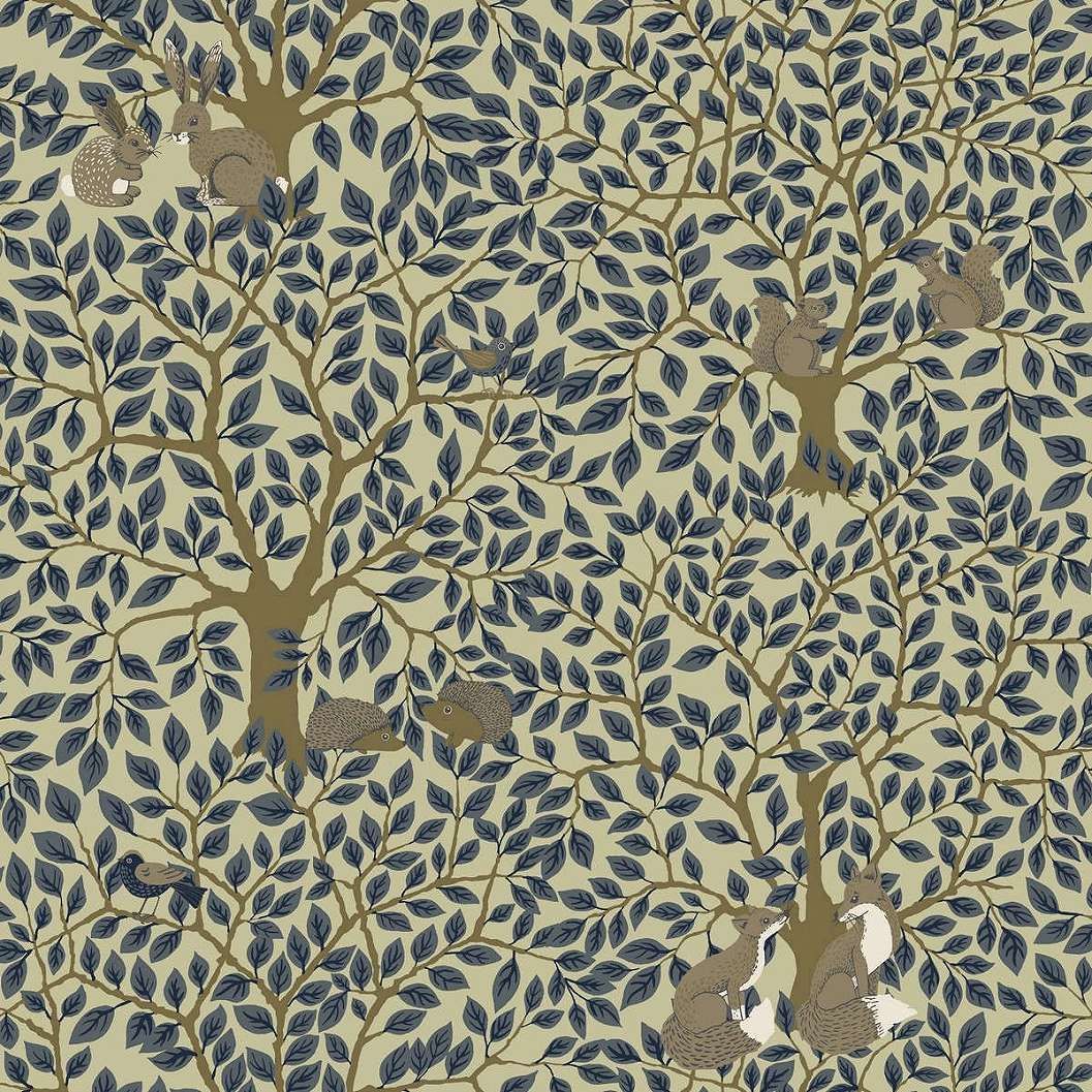 Dekor tapéta angol vintage stílusban apró levél és erdei állat mintával beige, kék és barna