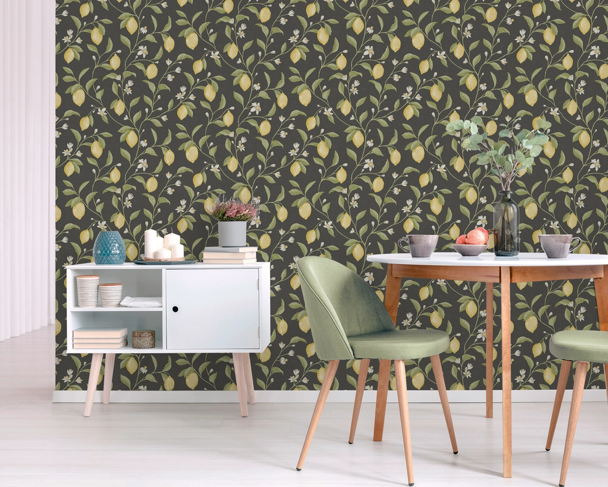 Dekor tapéta citrom mintával fekete színben