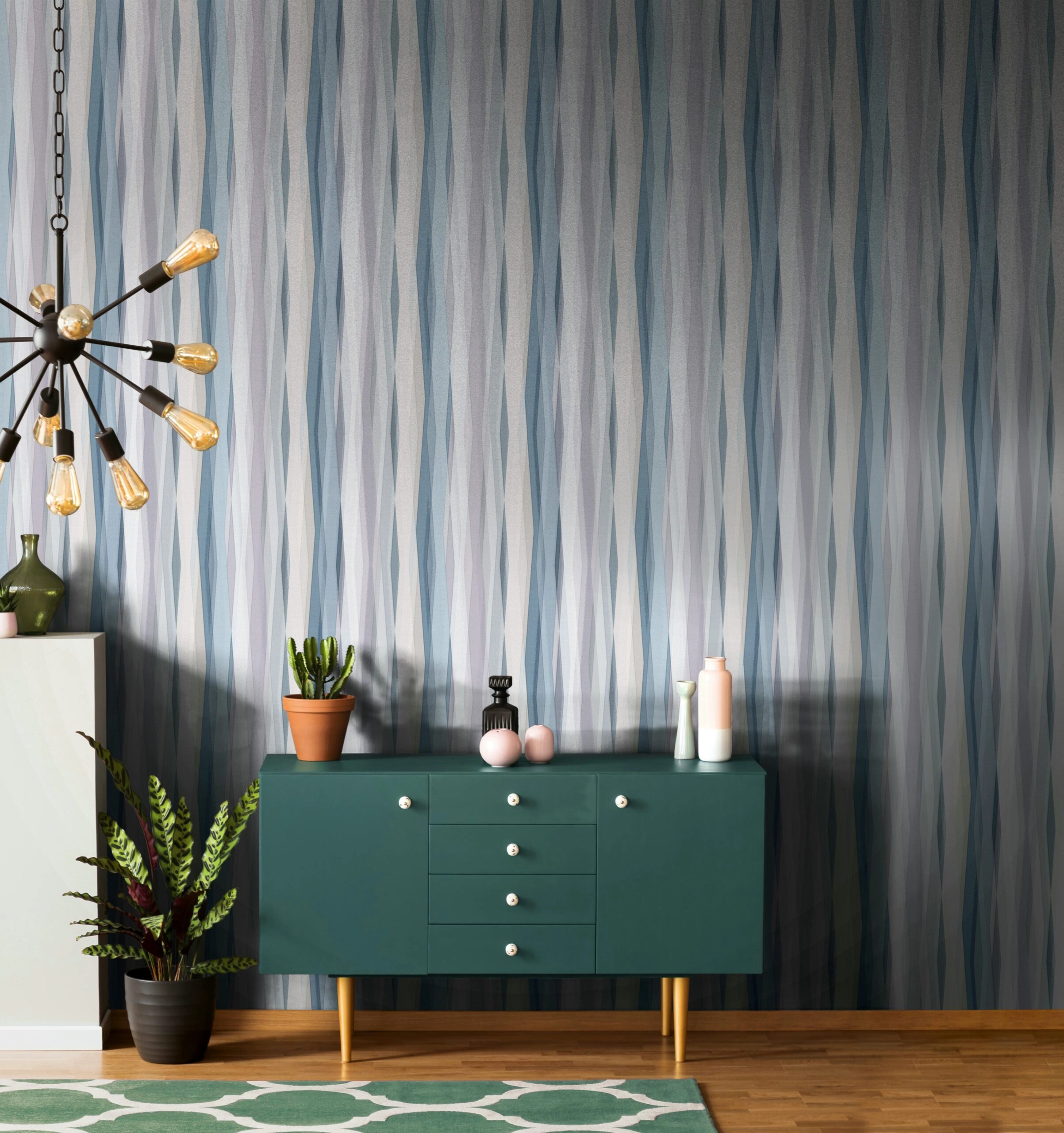 Dekor tapéta csíkos mintával kék és lila színben