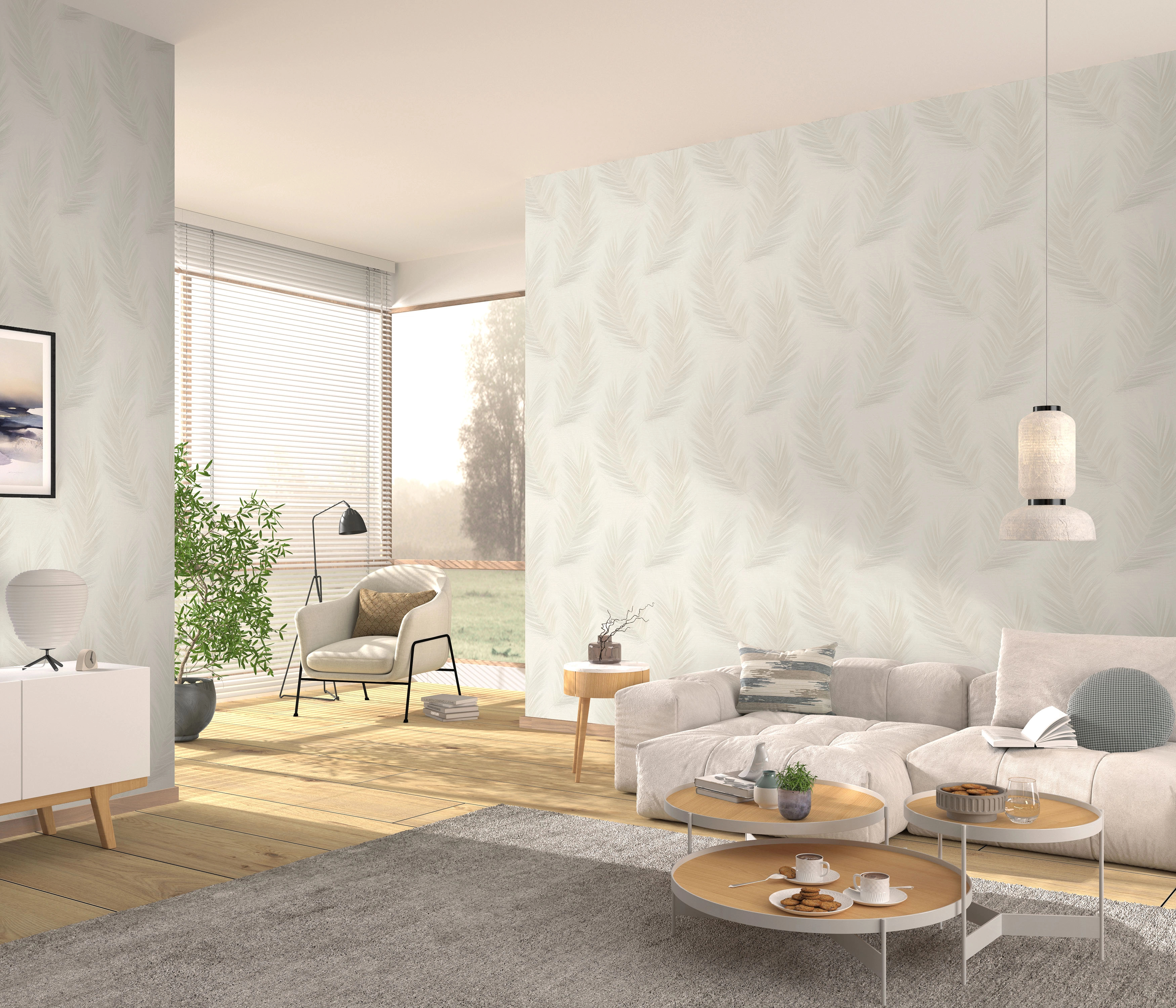 Dekor tapéta elegáns bézs anyagában mintás pálmalevél mintával