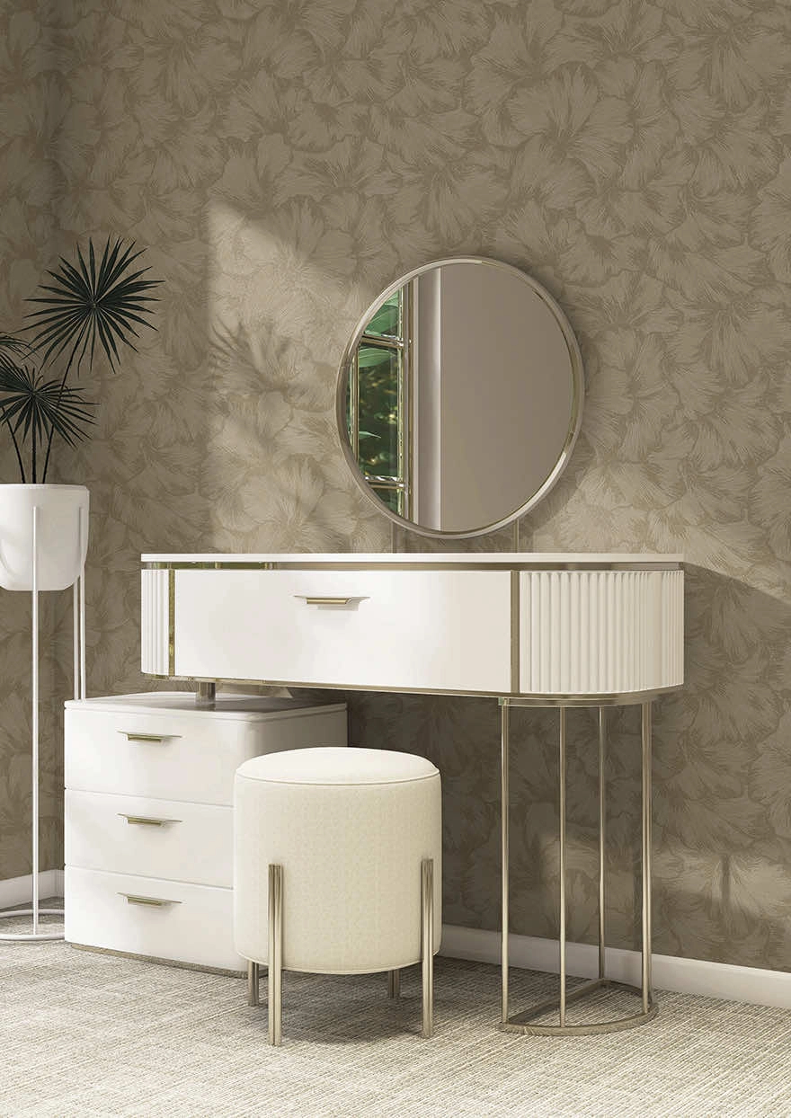 Dekor tapéta elegáns gingko levél mintával beige és arany metálos hatással