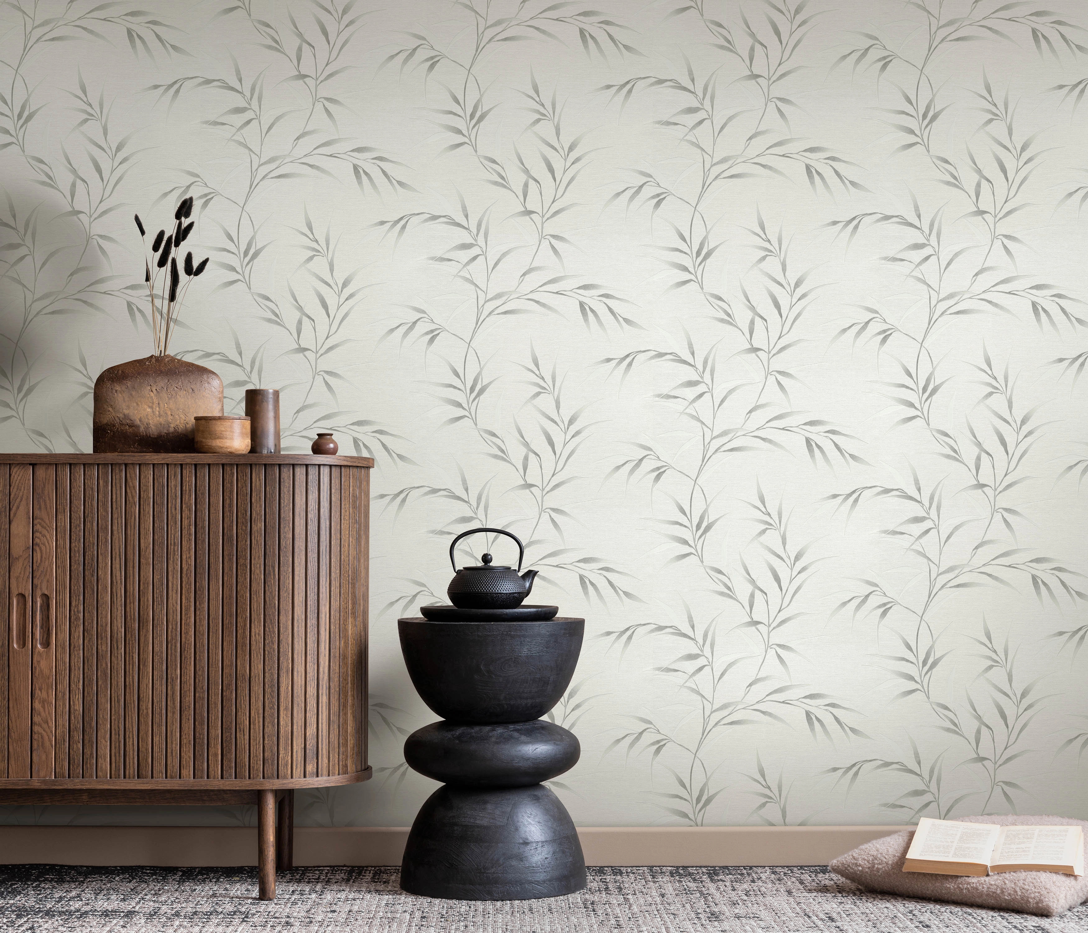 Dekor tapéta elegáns levél mintával fehér szürke színekkel