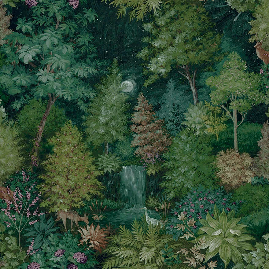 Dekor tapéta erdő és vízesés mintás zöld színben