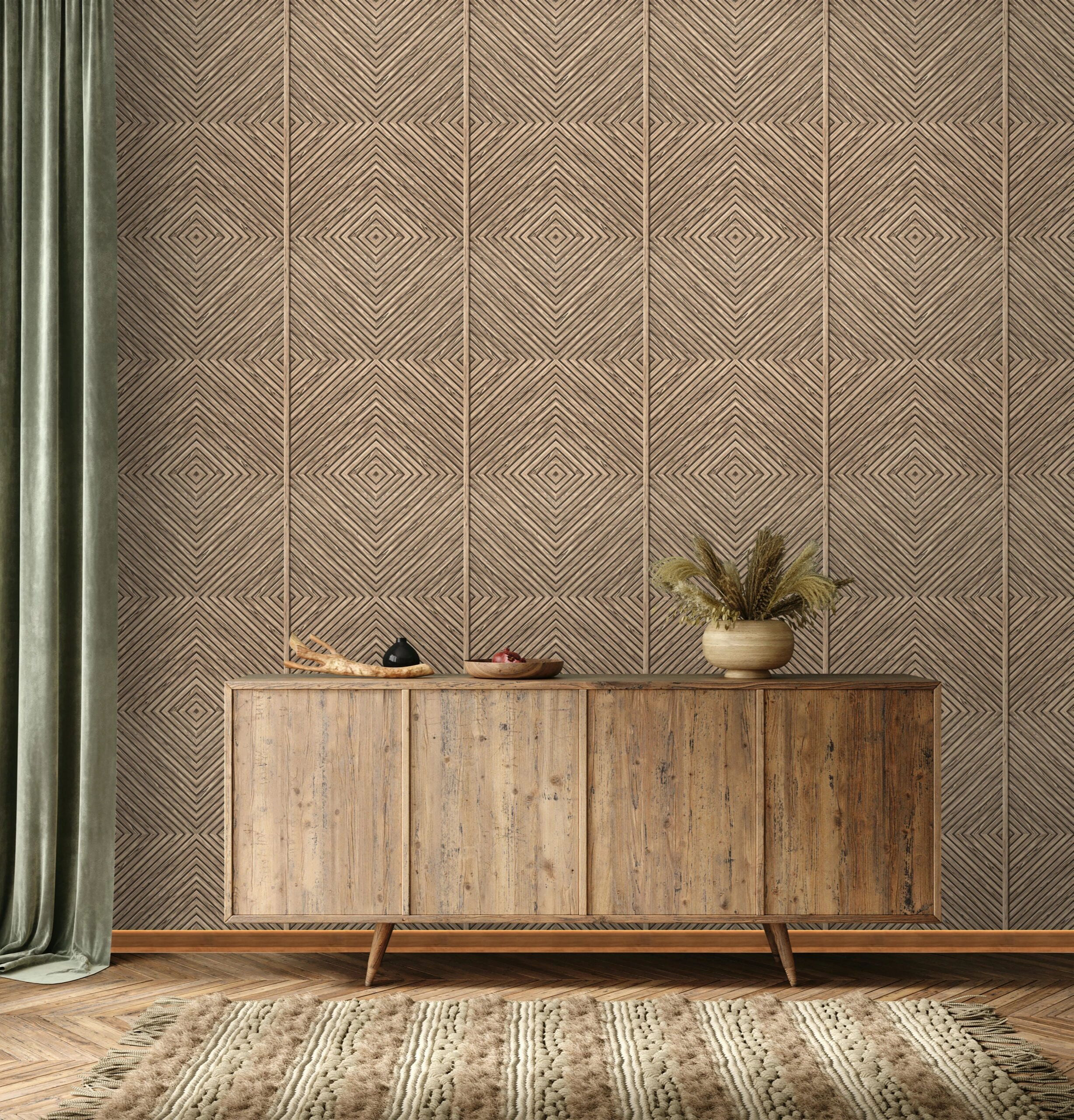 Dekor tapéta fahatású díszléc rombusz mintával beige színben