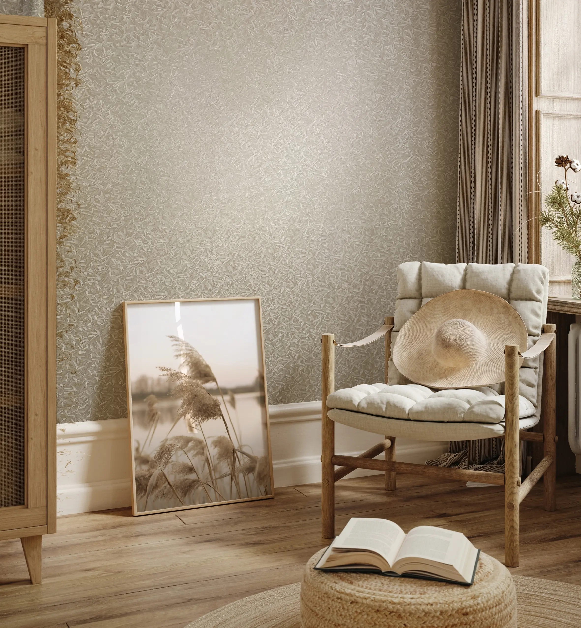 Dekor tapéta fémes beige levél mintás tapéta