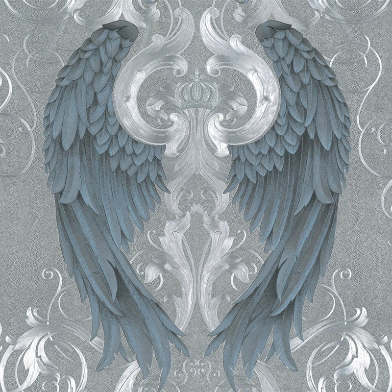 Dekor tapéta fémes ezüst és kék angyalszárny és korona mintás tapéta