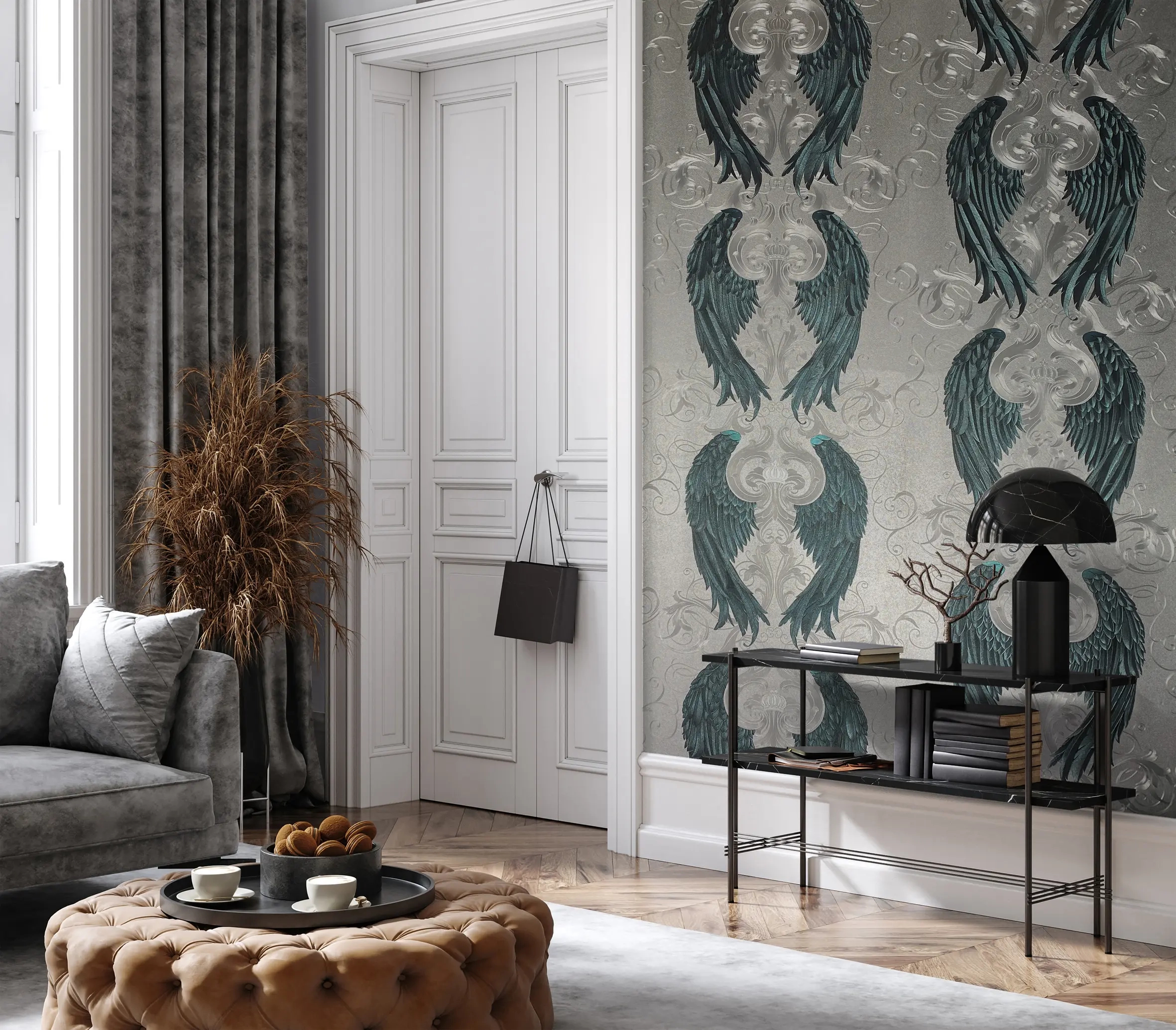 Dekor tapéta fémes ezüst és kék angyalszárny és korona mintás tapéta