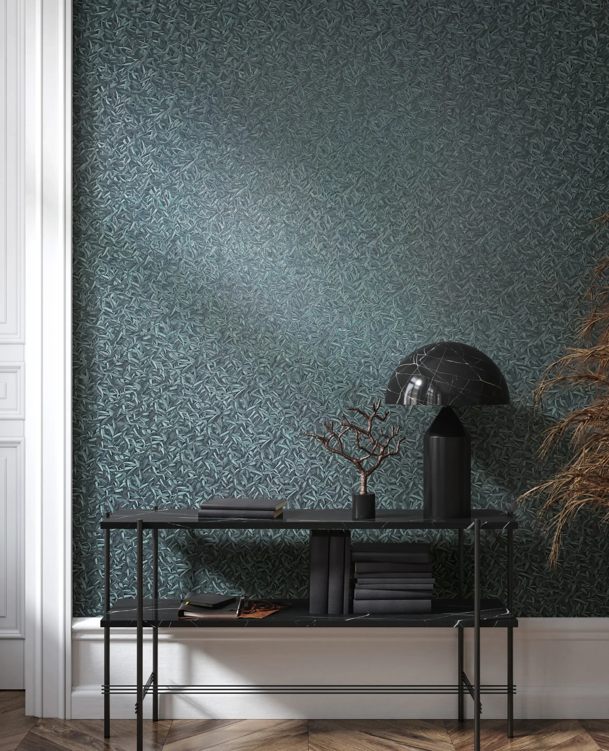 Dekor tapéta fémes patinazöld levél mintás tapéta