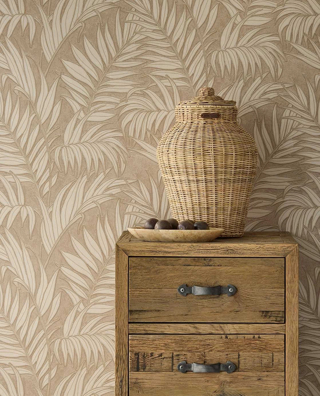 Dekor tapéta fényes beige és tópszínű kókusz pálmafa leveles mintával