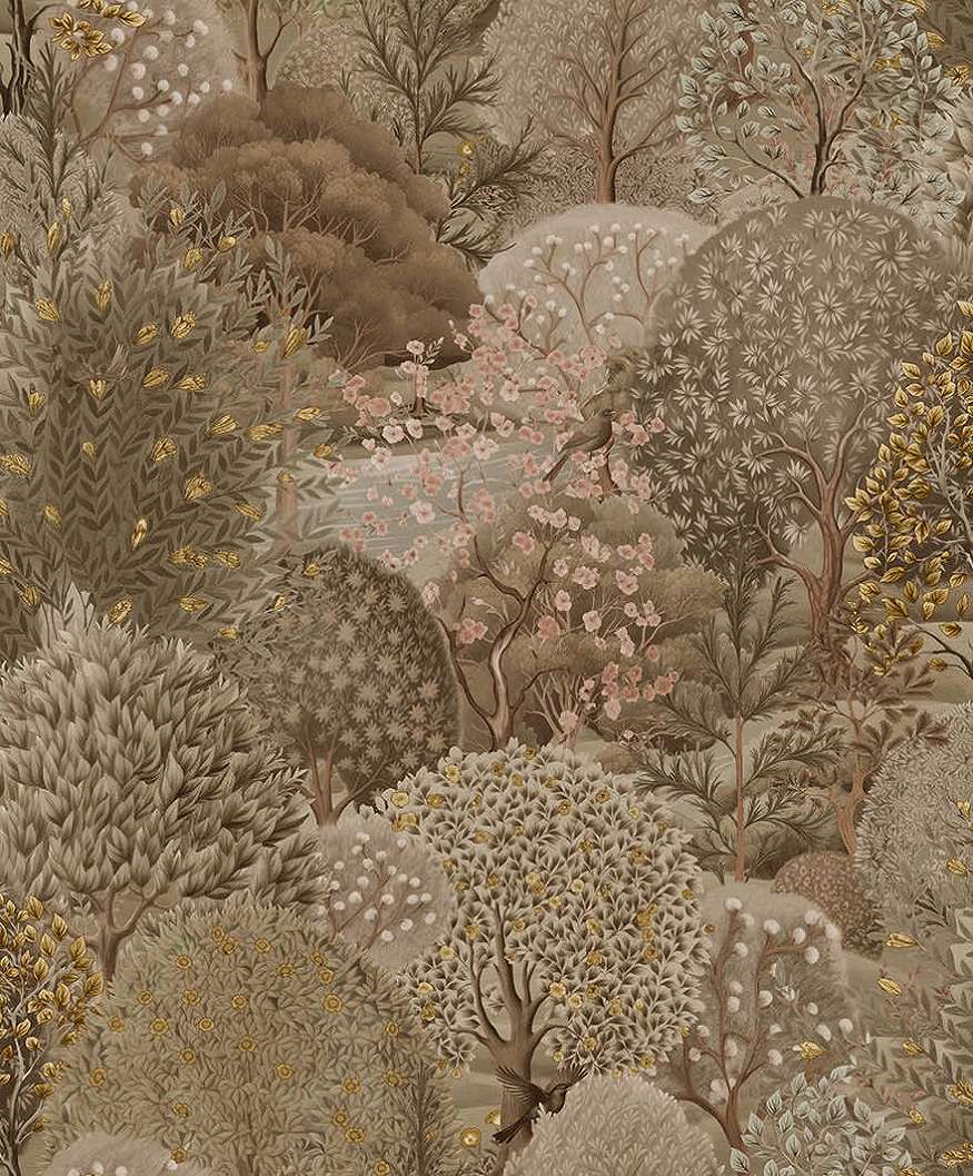 Dekor tapéta festői erdei fa tájkép mintával barna színvilágban