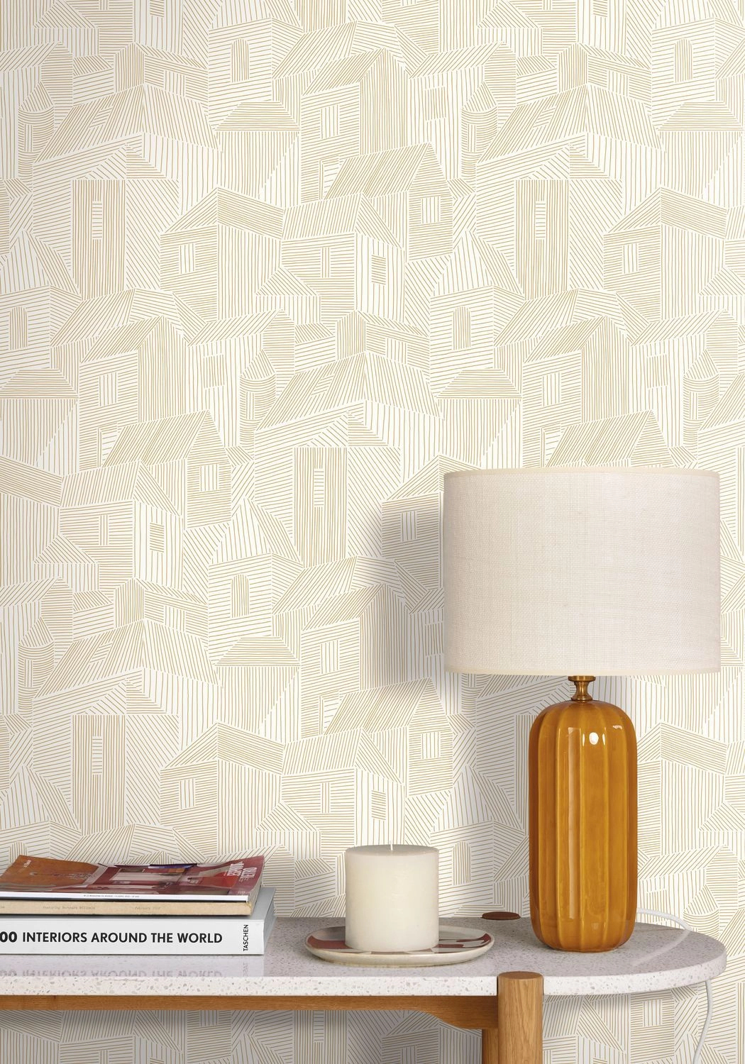 Dekor tapéta geometrikus absztrakt ház mintával fényes arany és fehér színben