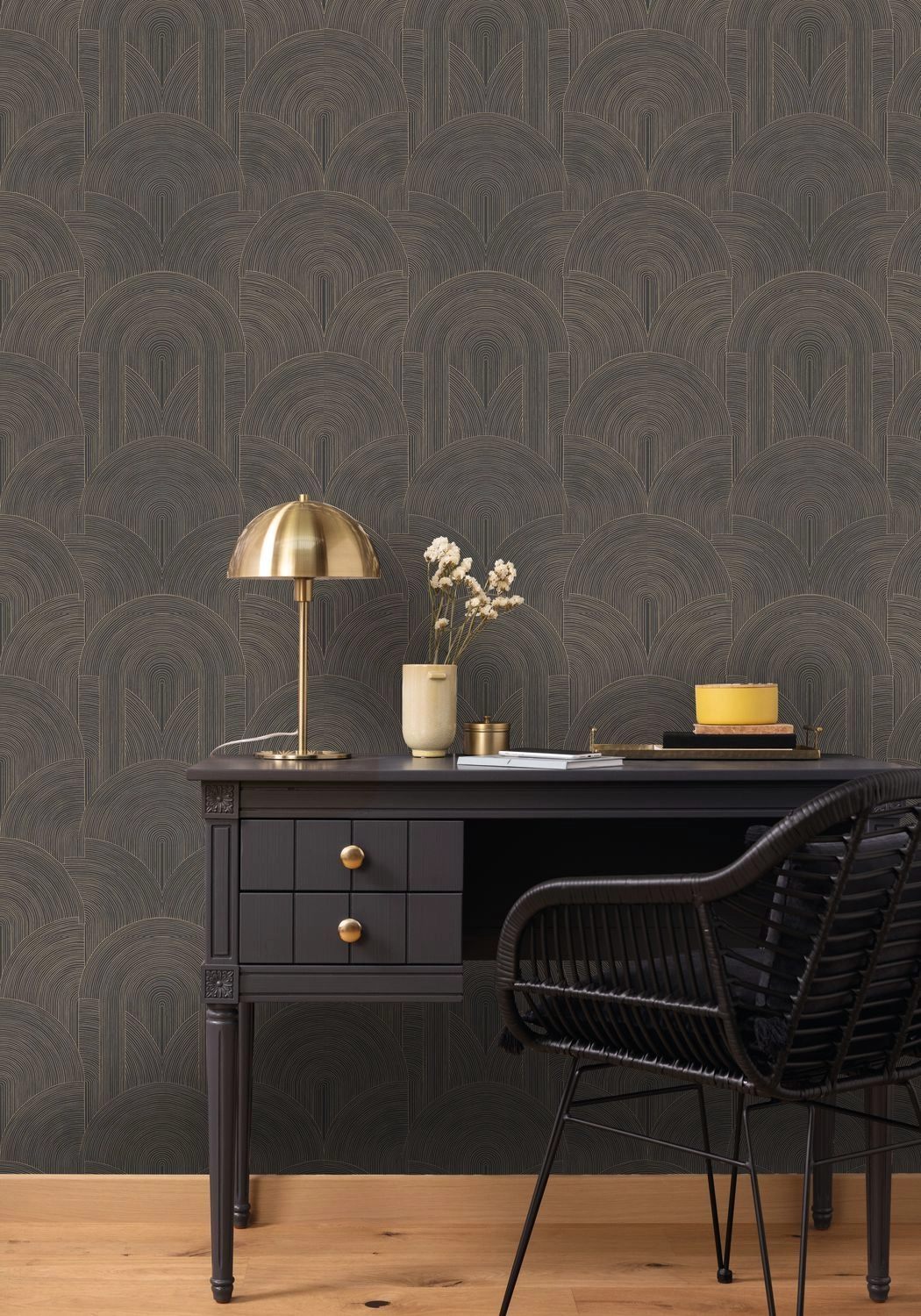 Dekor tapéta geometrikus boltív mintával fényes arany és extrém sötétbarna színben