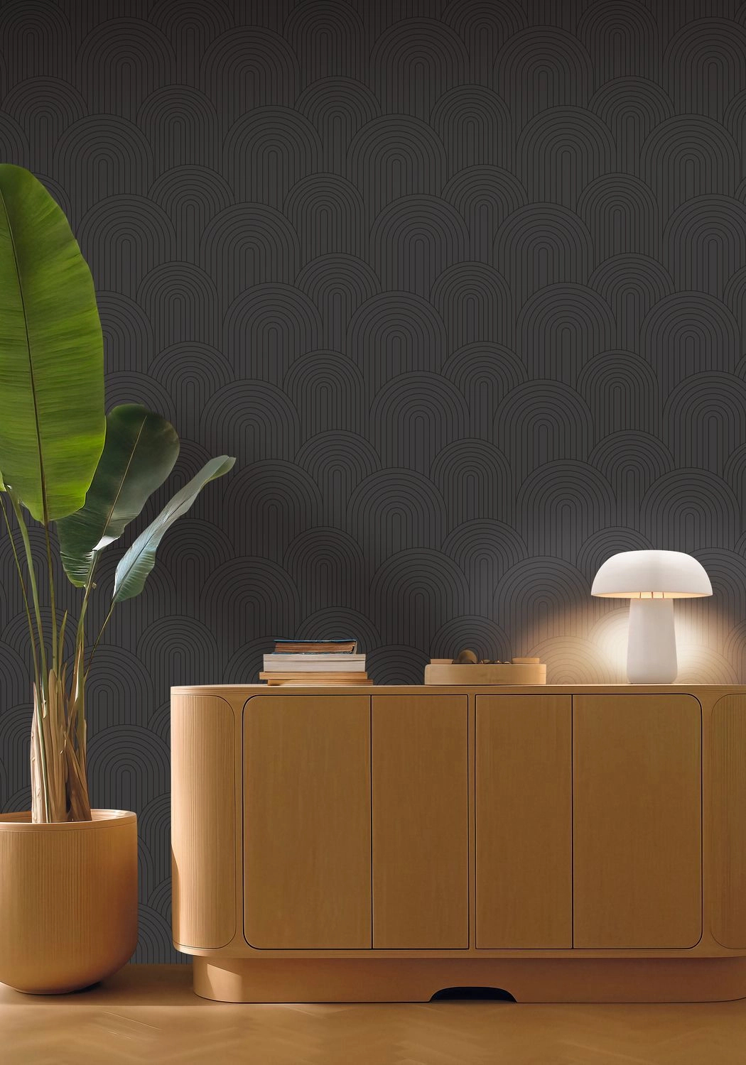 Dekor tapéta geometrikus boltív mintával fényes fekete és extrémsötétbarna színben