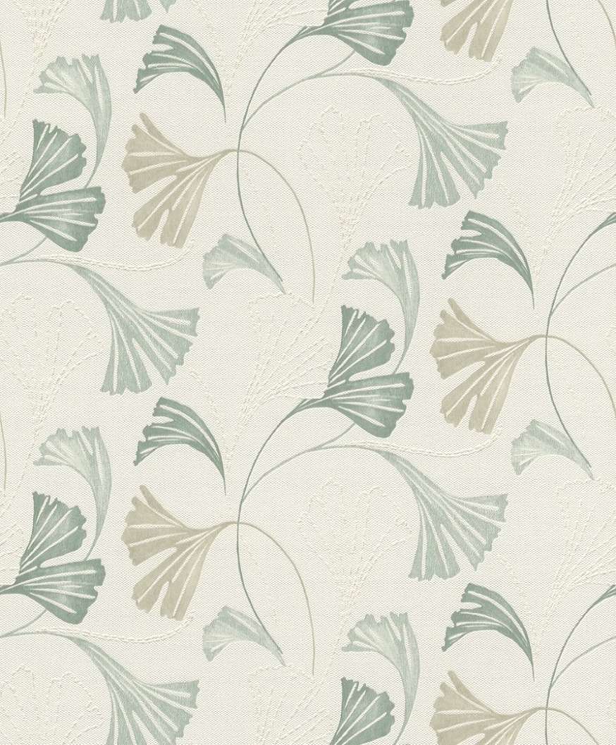 Dekor tapéta ginkgo levél mintával zöld és arany csillámos színben