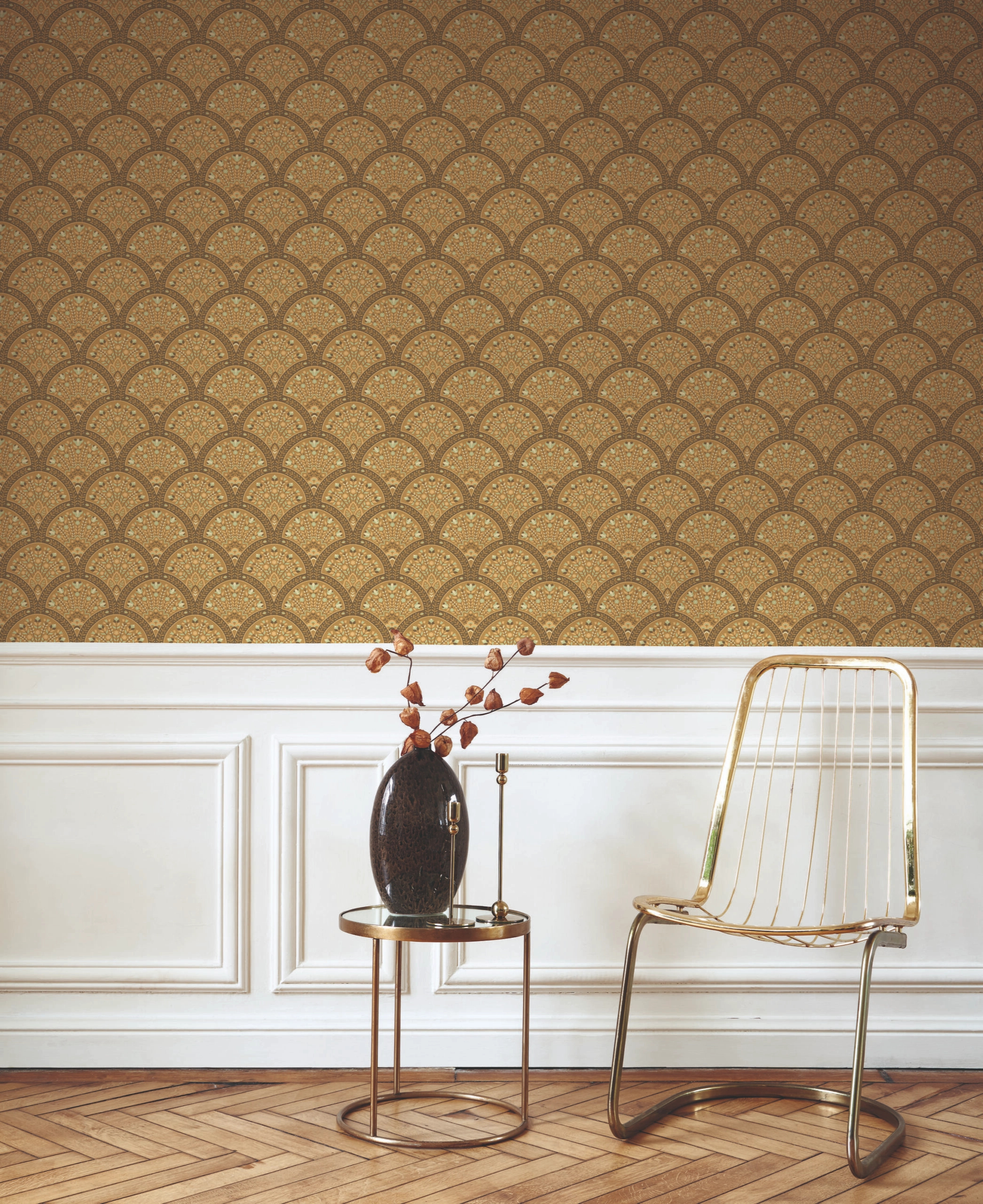 Dekor tapéta indonéz virágos legyező mintával barna színárnyalatokal