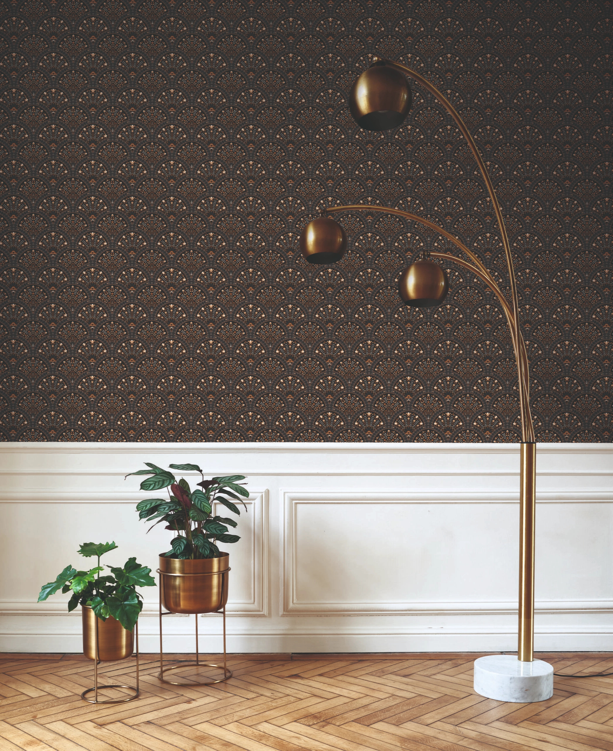 Dekor tapéta indonéz virágos legyező mintával fekete és bronz színárnyalatokal