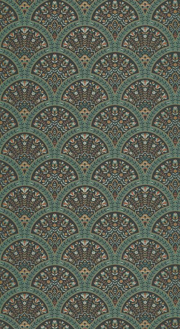 Dekor tapéta indonéz virágos legyező mintával zöld színárnyalatokal