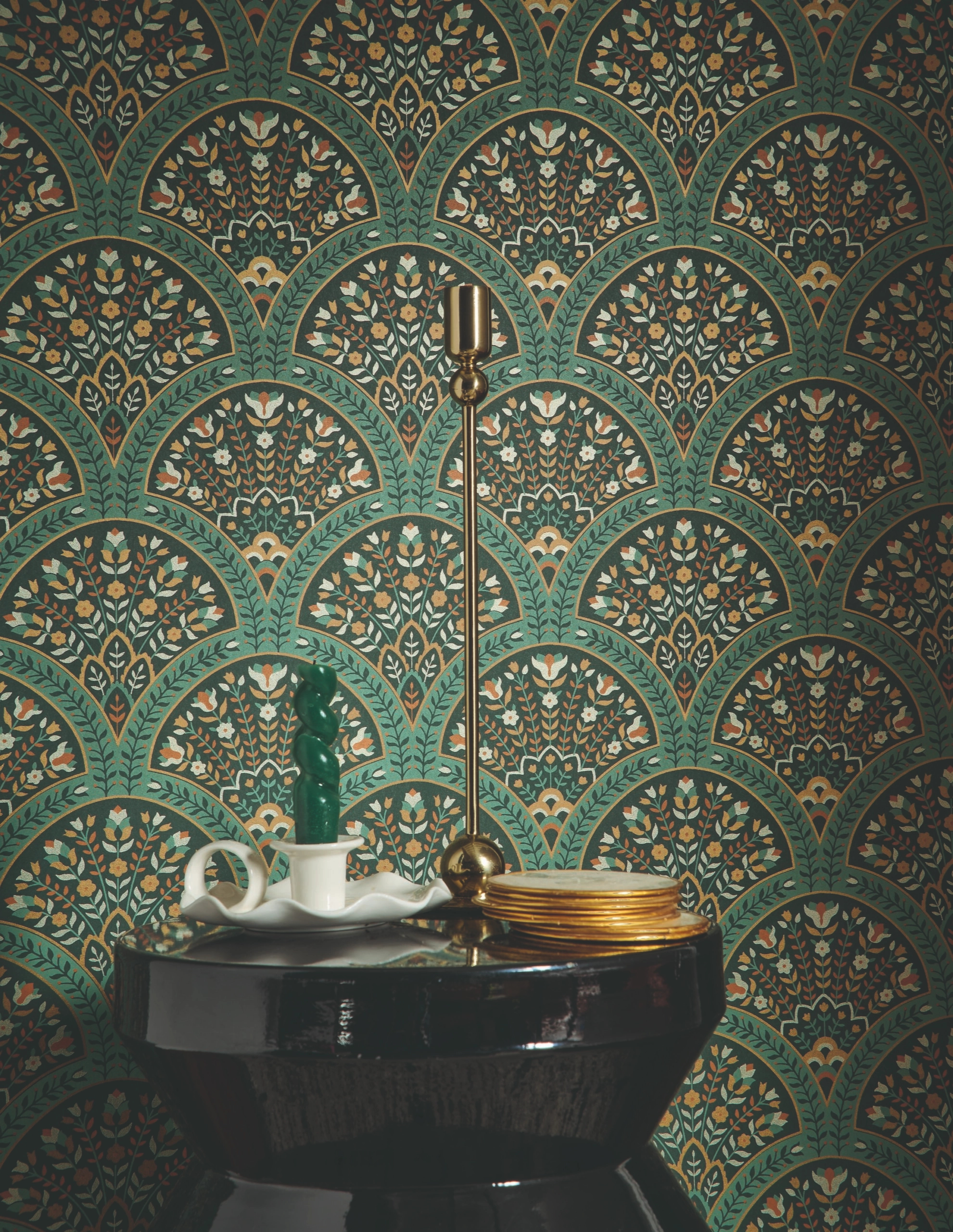 Dekor tapéta indonéz virágos legyező mintával zöld színárnyalatokal