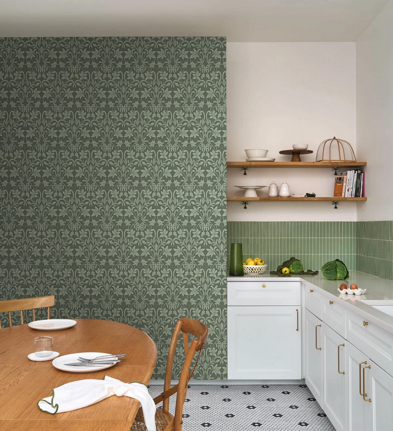 Dekor tapéta kankalin sziluett mintával sötét zsályazöld színben