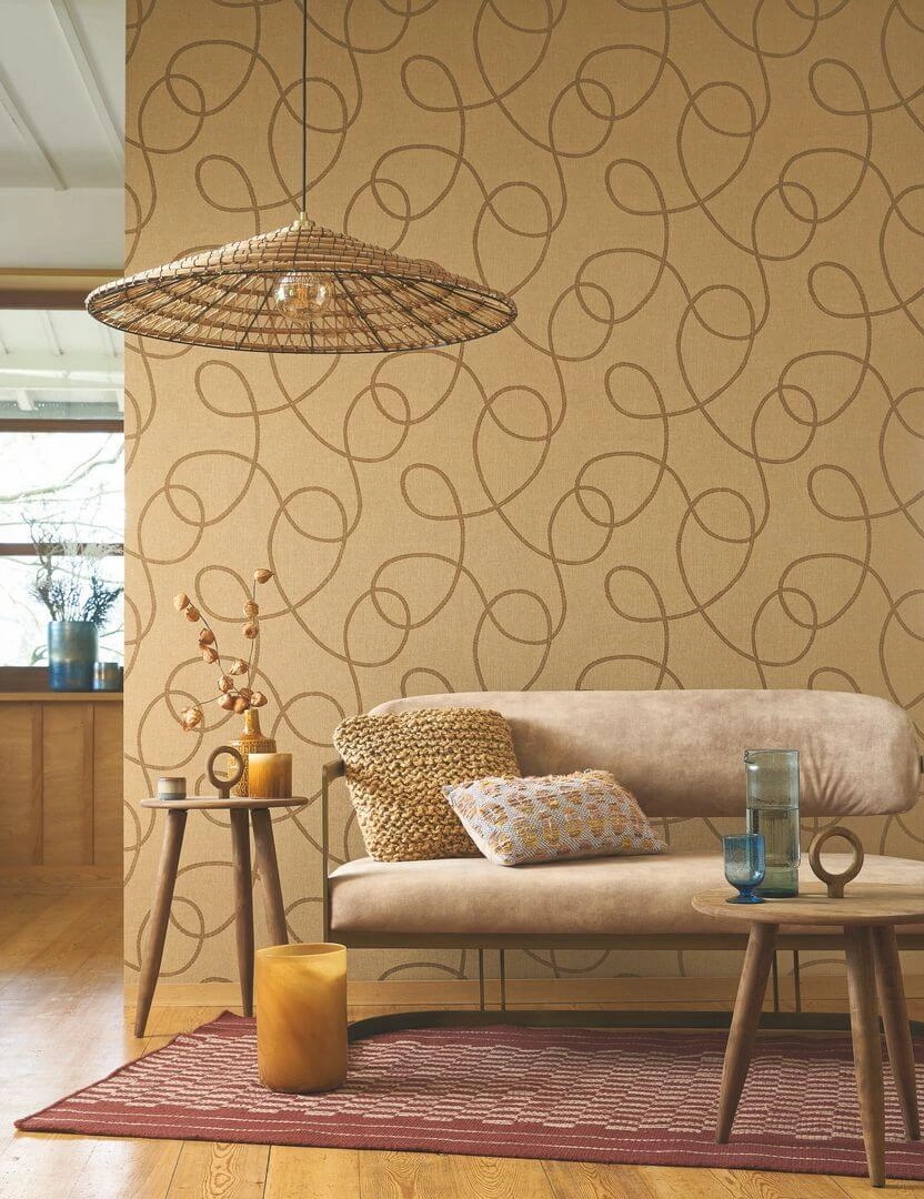 Dekor tapéta kanyargó kötél mintával sárgásbarna színben