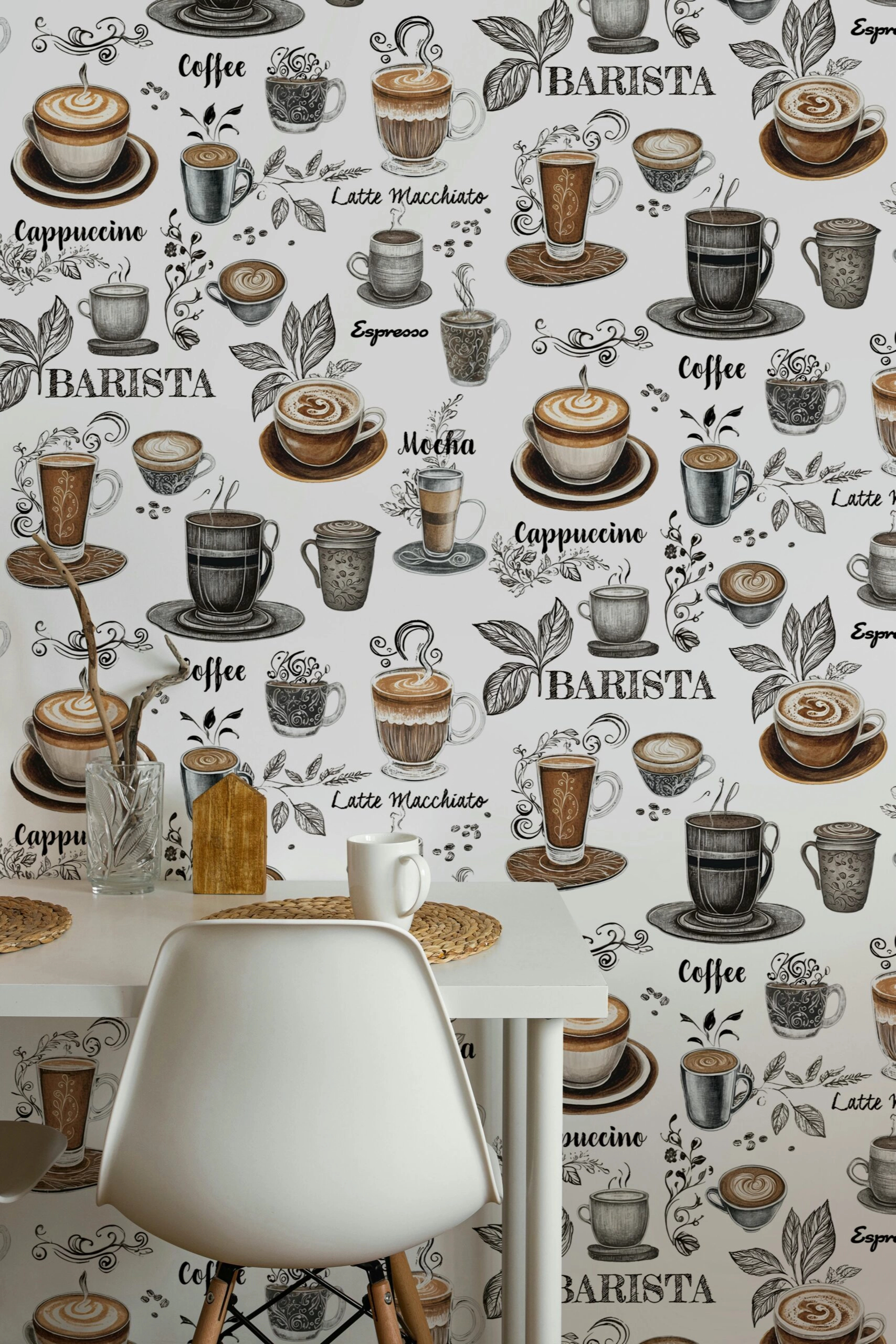 Dekor tapéta kávé mintával fehér színben