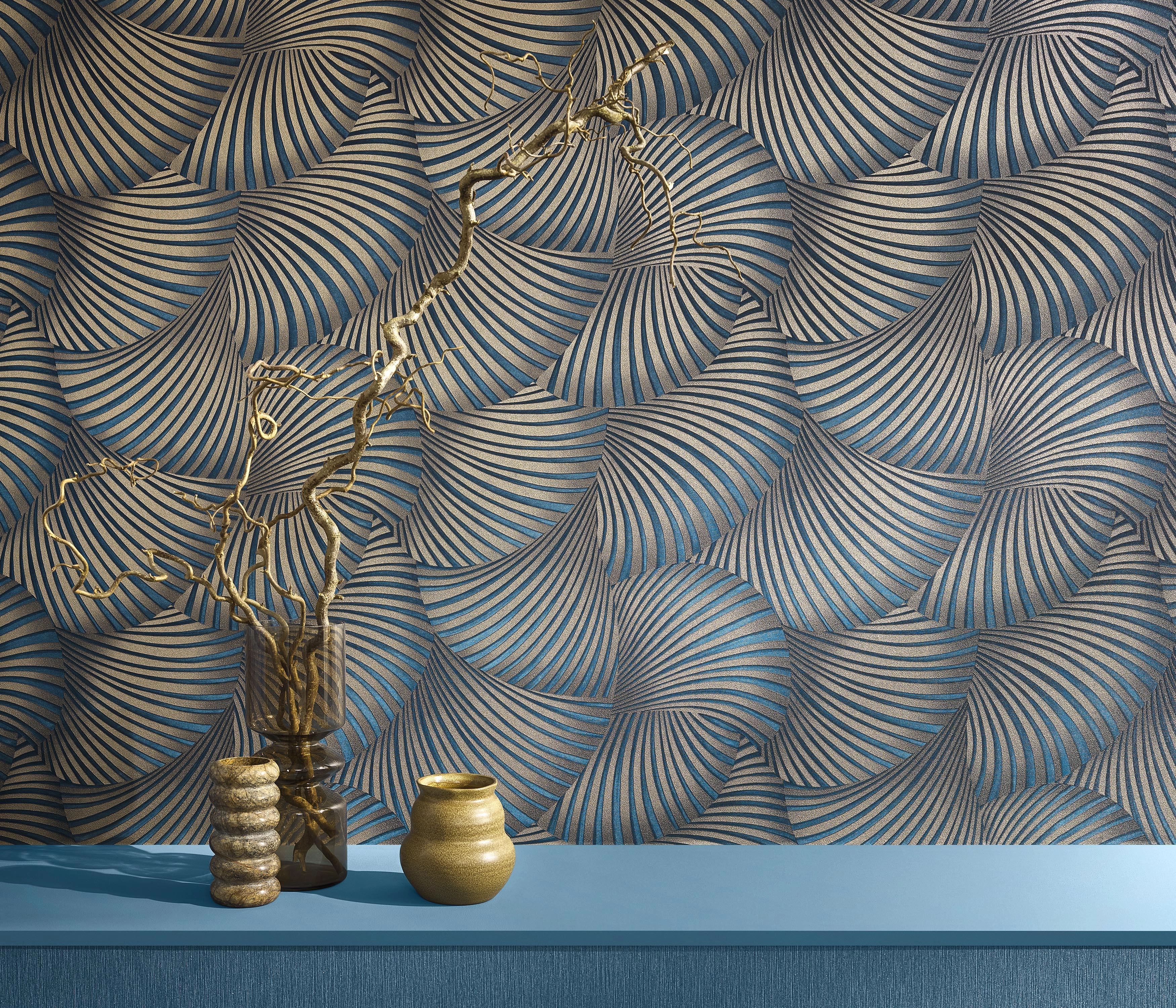 Dekor tapéta kék arany 3D hatású geometrikus mintával