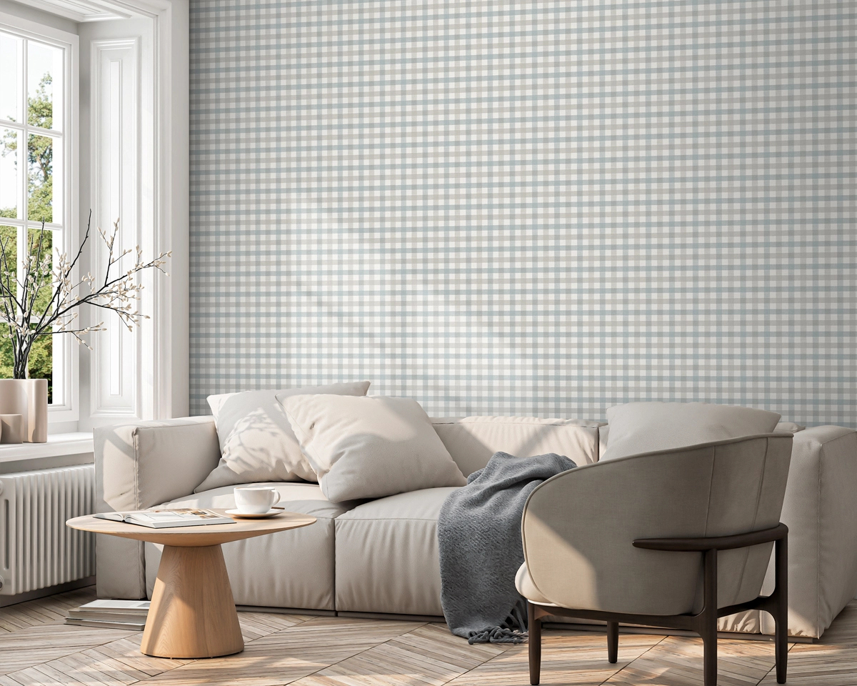 Dekor tapéta keresztbecsíkos mintával kék-szürke színben