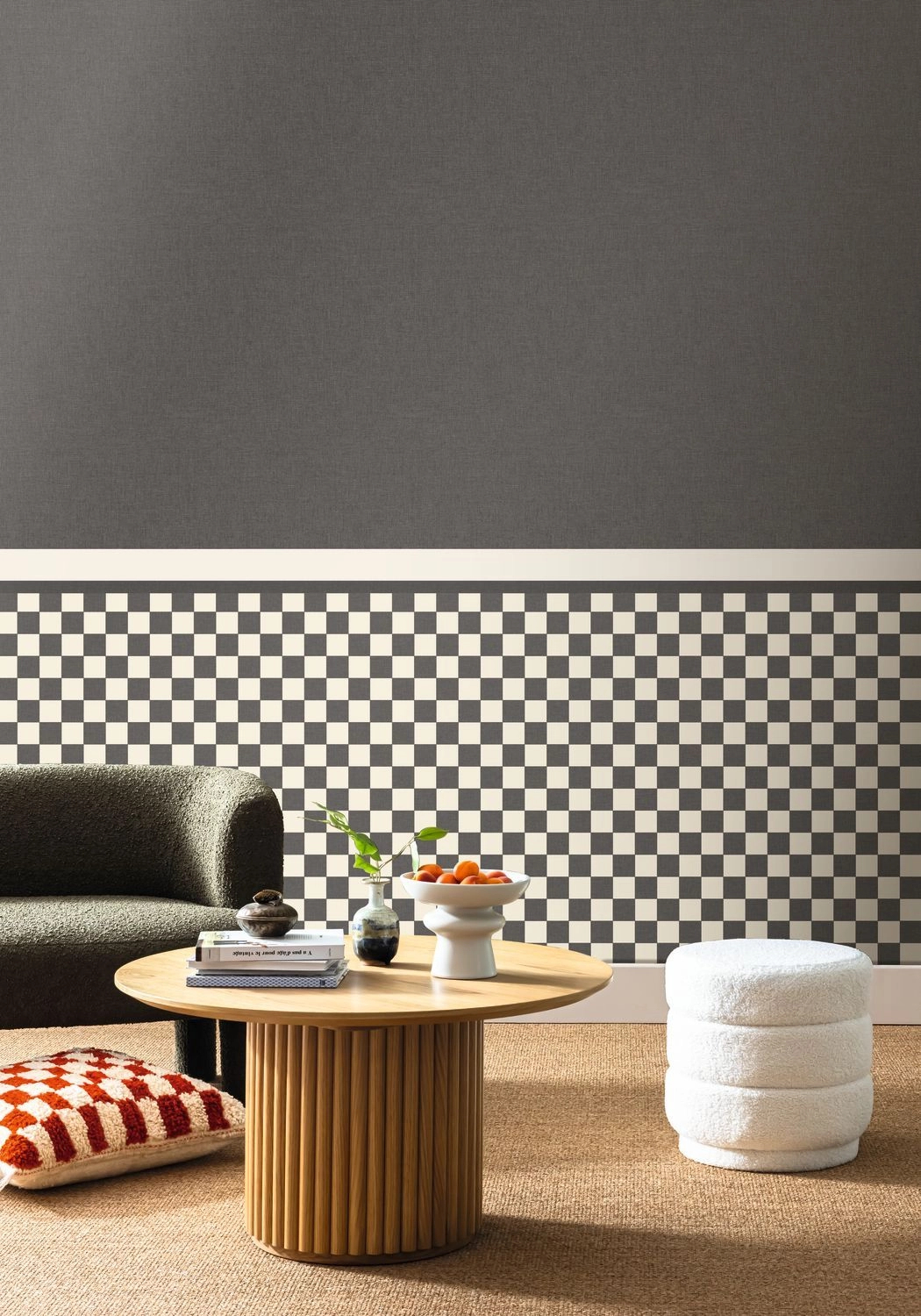 Dekor tapéta kockás mintával sötétszürke és fehér színben