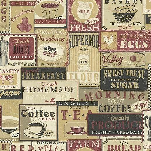Dekor tapéta konyhába kávé és retro felirat mintákkal 