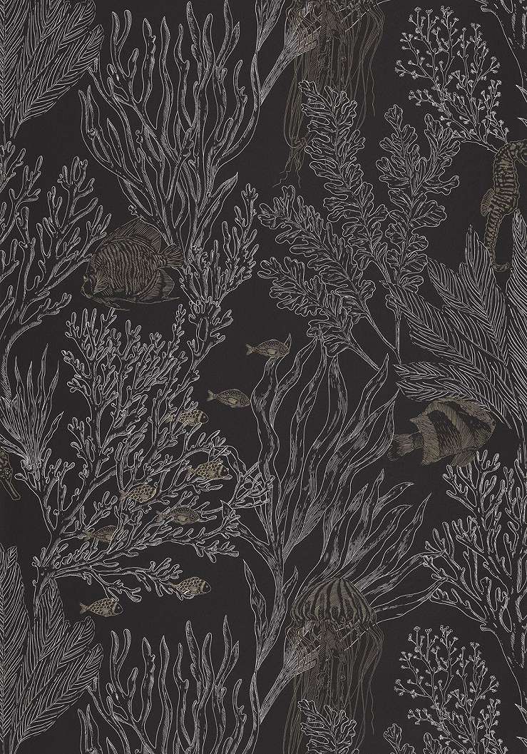 Dekor tapéta korall és hal mintával fémes arany-fehér és fekete színben