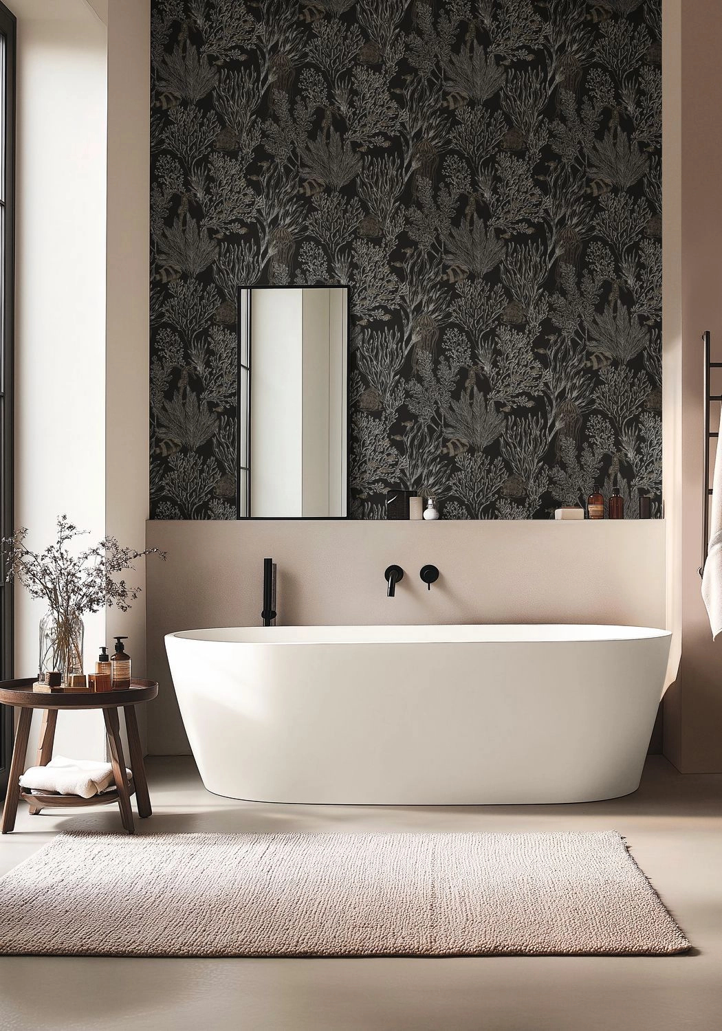 Dekor tapéta korall és hal mintával fémes arany-fehér és fekete színben