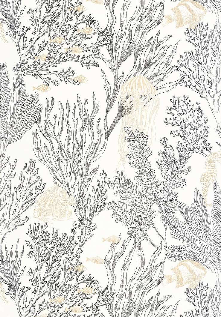 Dekor tapéta korall és hal mintával fémes arany-fekete és krém színben