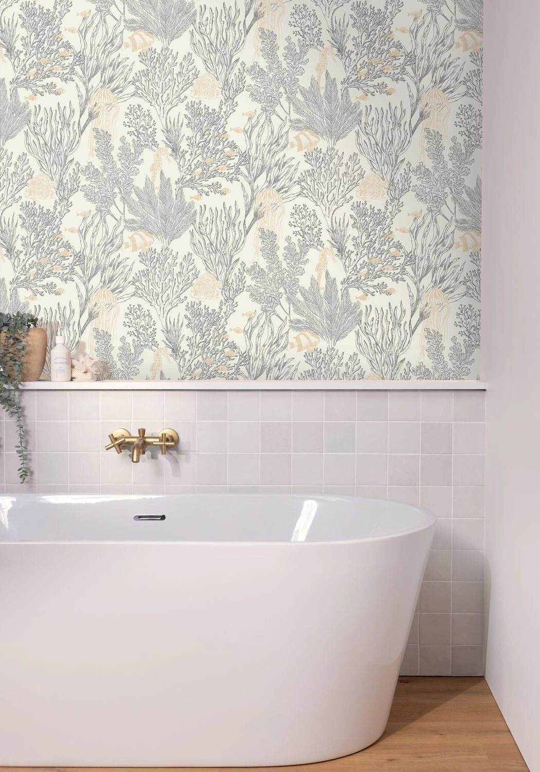 Dekor tapéta korall és hal mintával fémes arany-fekete és krém színben