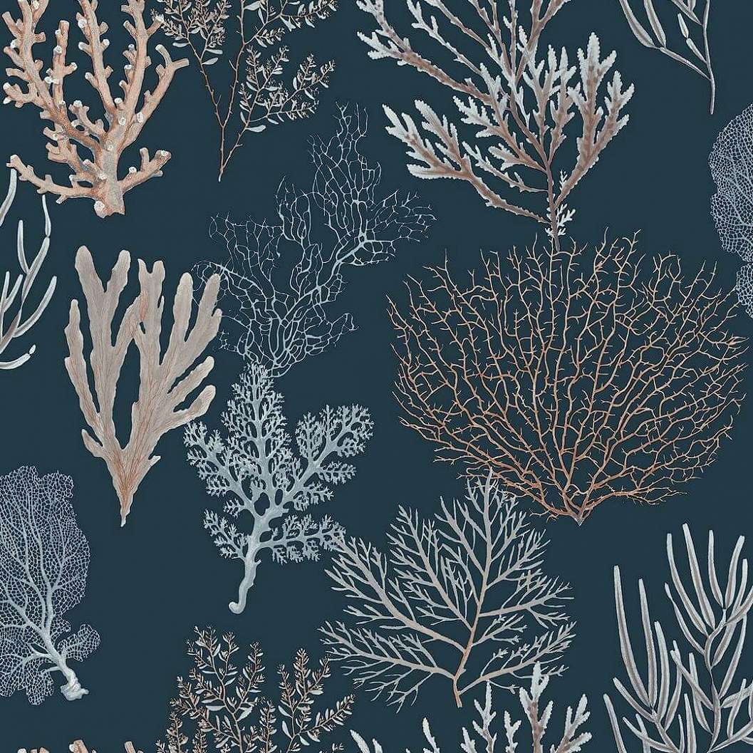 Dekor tapéta korall mintával sötét türkizkék és korall színben
