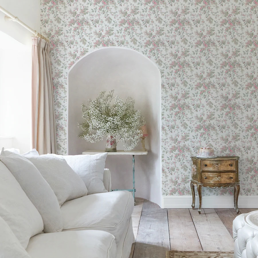 Dekor tapéta levél és virág mintával zöld és rózsaszín színben