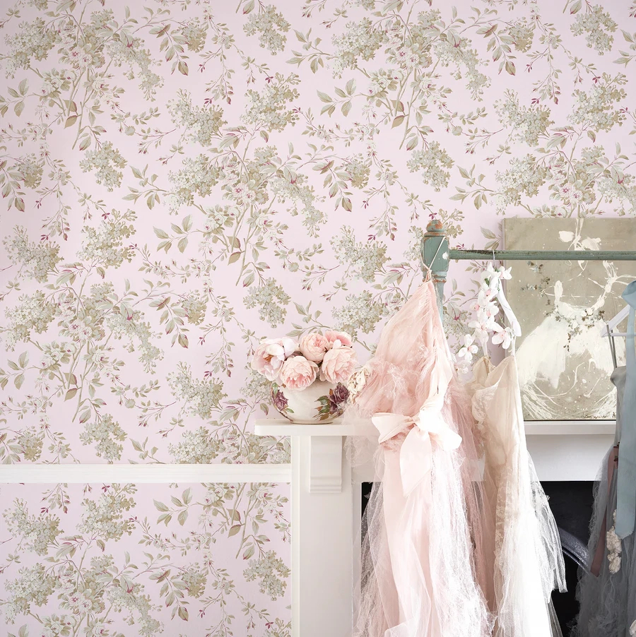 Dekor tapéta levél és virág mintával zöld és rózsaszín színben