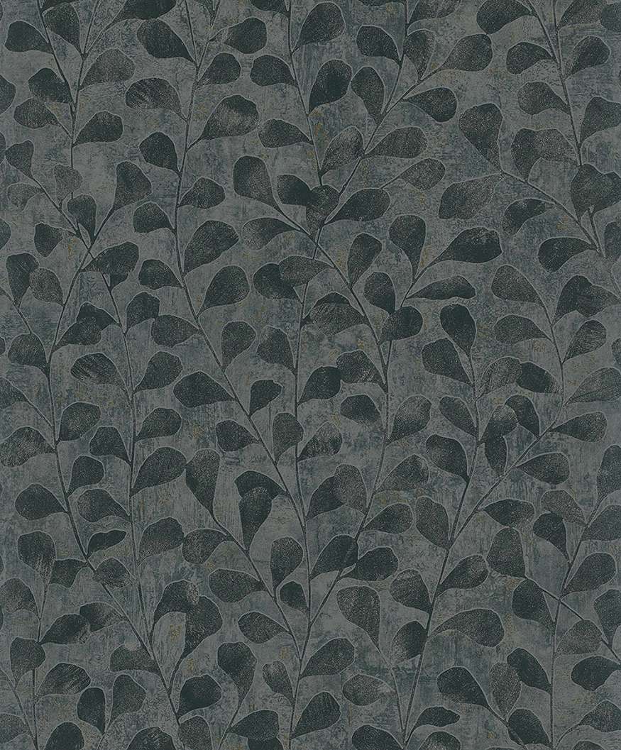 Dekor tapéta levél mintával antracitszürke és fényes arany színben
