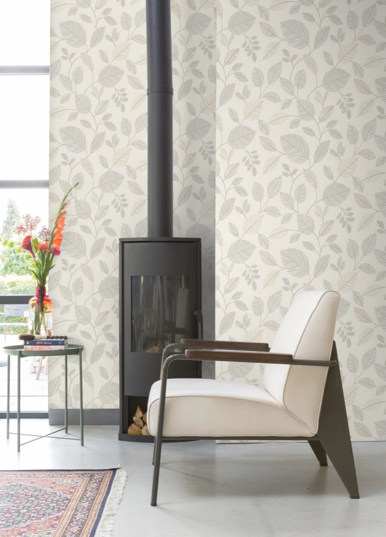 Dekor tapéta levél mintával beige és szürke színben