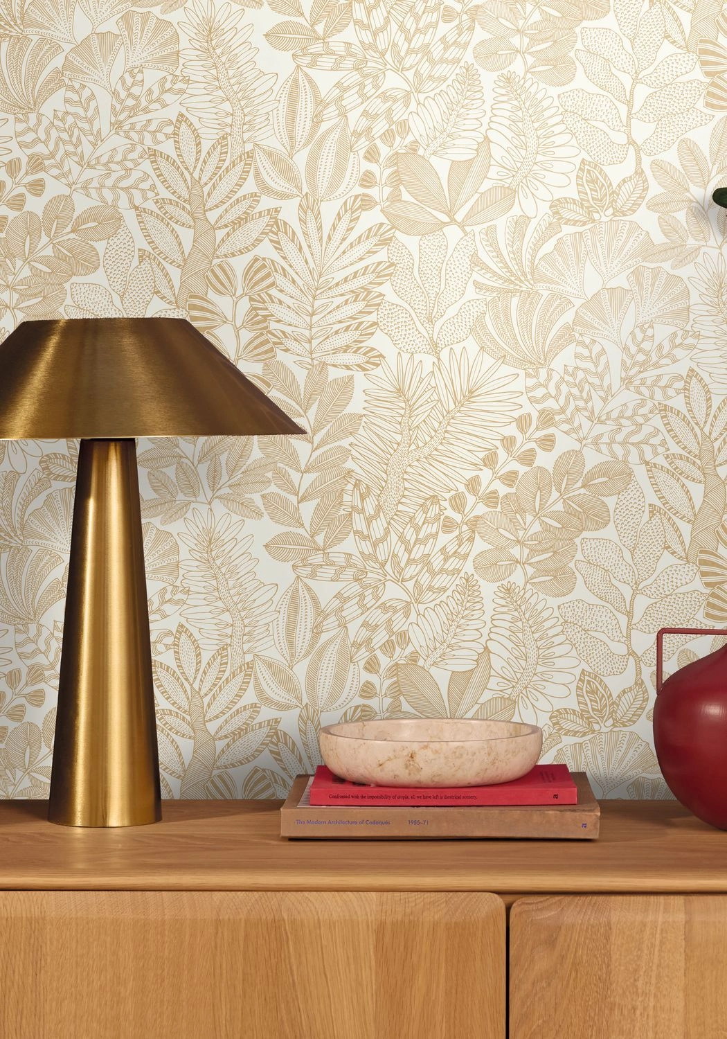 Dekor tapéta levél mintával fémes arany-fehér színben