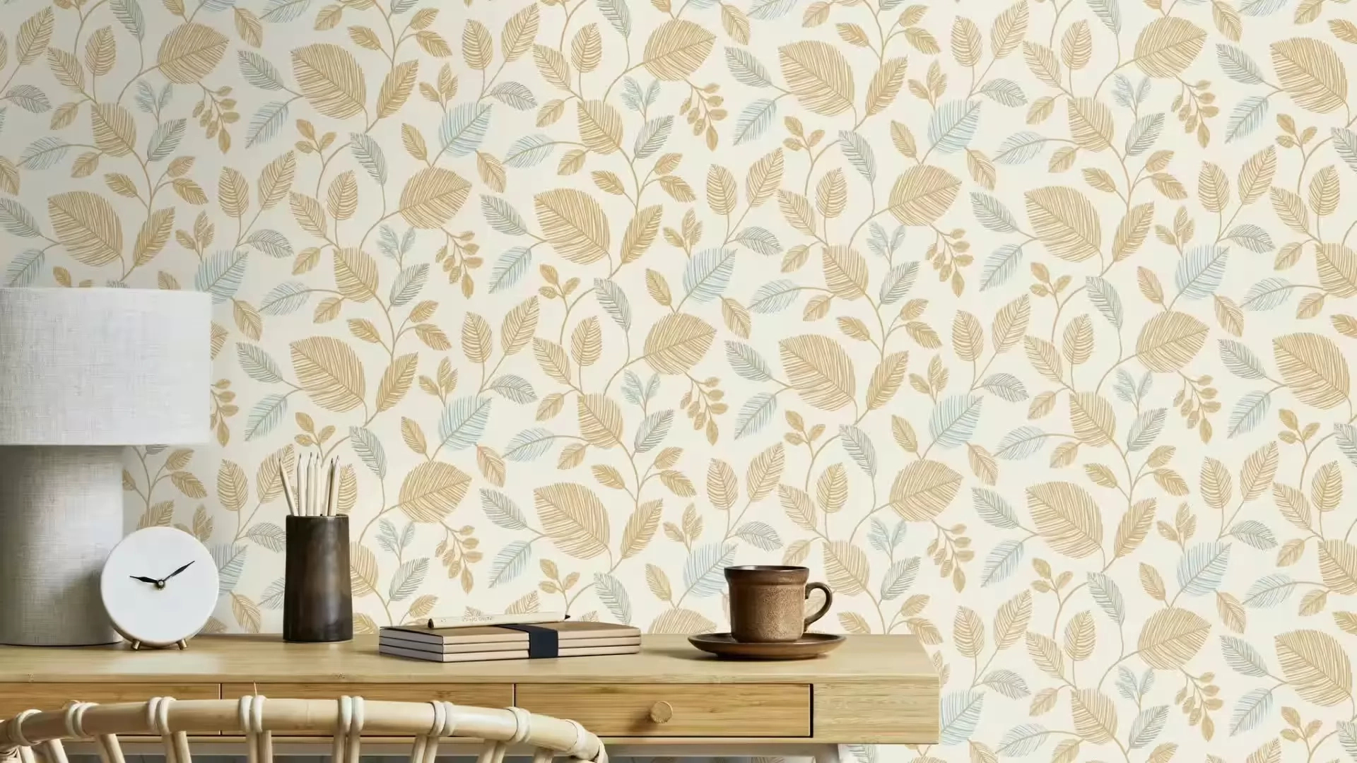 Dekor tapéta levél mintával musztársárga és zöld színben