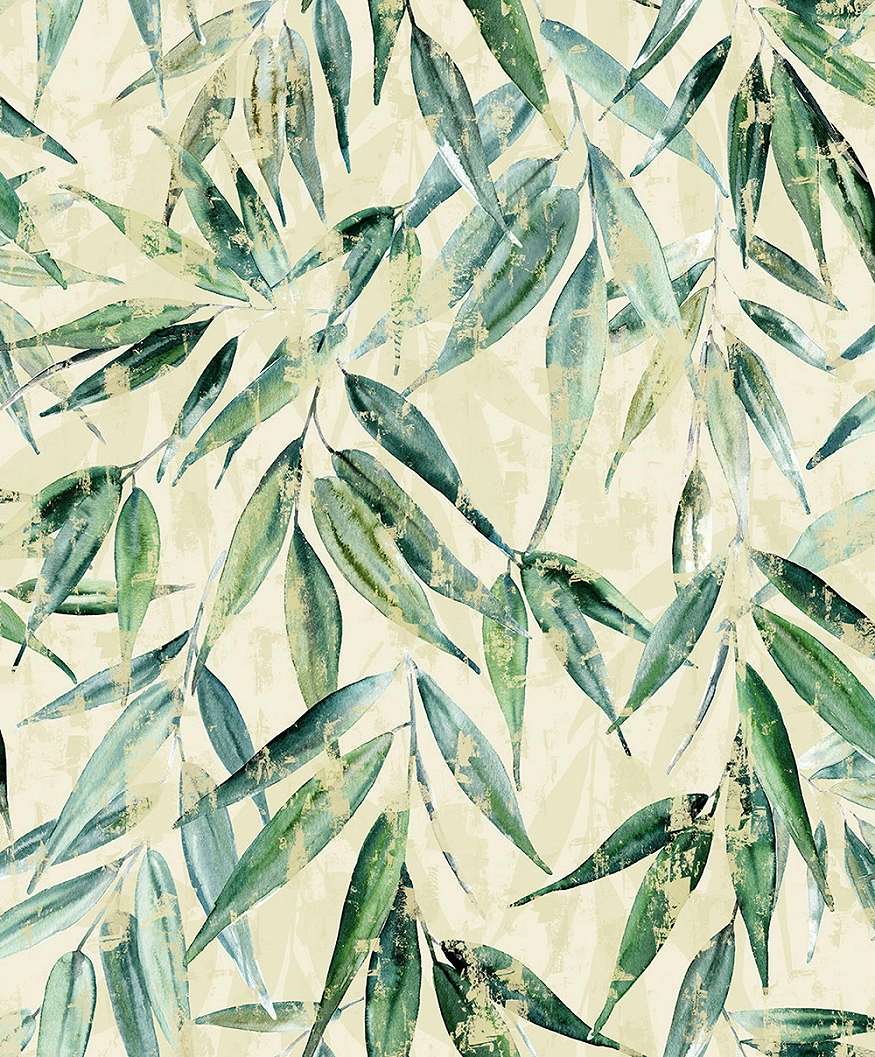 Dekor tapéta levél mintával zöld és krém színben
