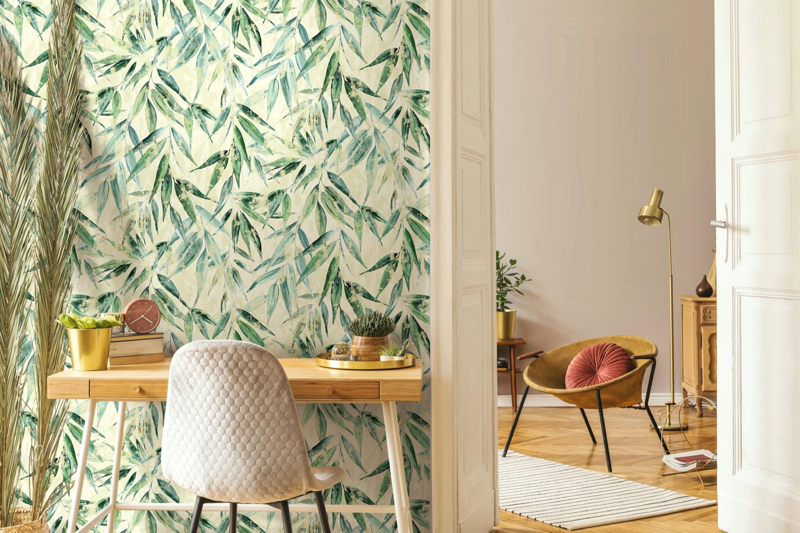 Dekor tapéta levél mintával zöld és krém színben